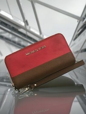 Michael Kors Red and Brown Zip-Around Wristlet